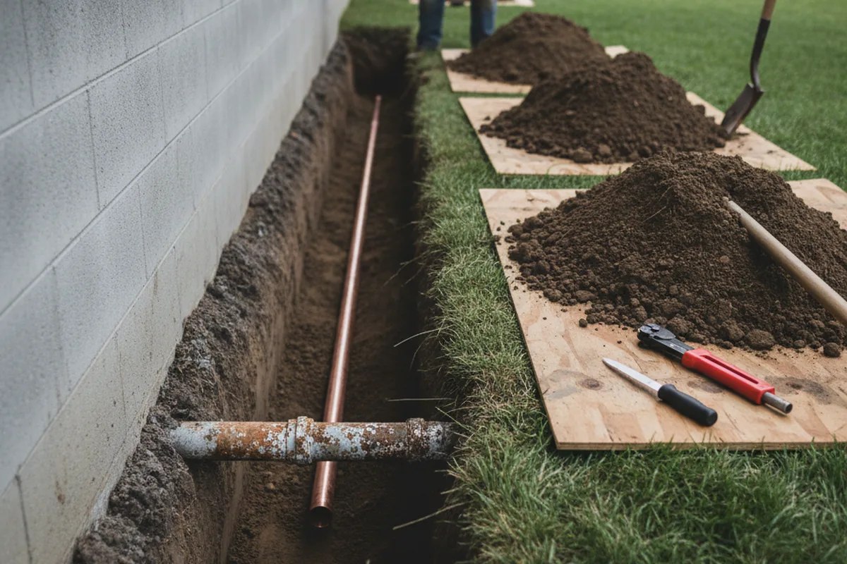 Excavated water line trench during Water Softener Installation in Southport